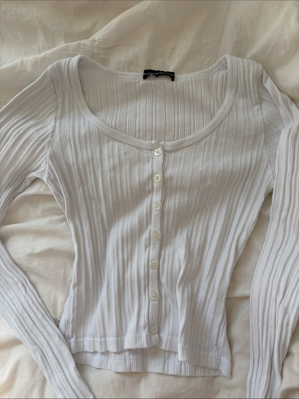 Brandy Melville White Ribbed Button-Front Long Sleeve Top